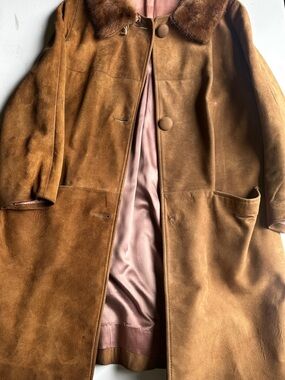 Women’s Suede Long Coat with Fur Collar - Brown
